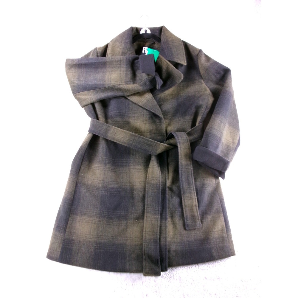 Frye Womens Green Ombre Plaid Belted Wrap Coat Notch Lapel XL 1913073 NWT